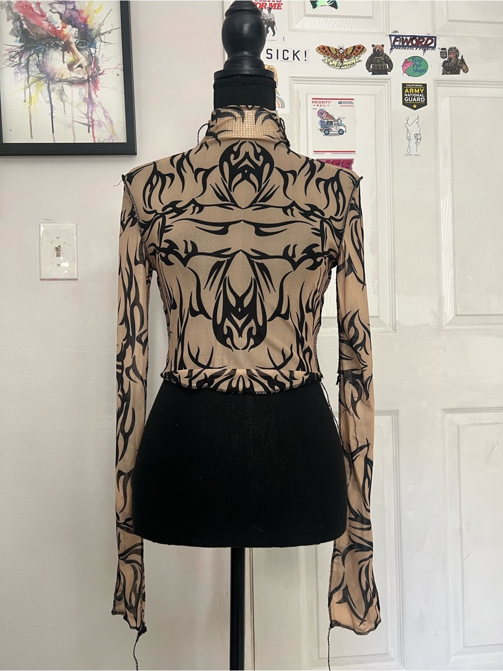 Women's Long Sleeve Mesh Mock Neck Top in Beige and Black - Picture 4 of 9